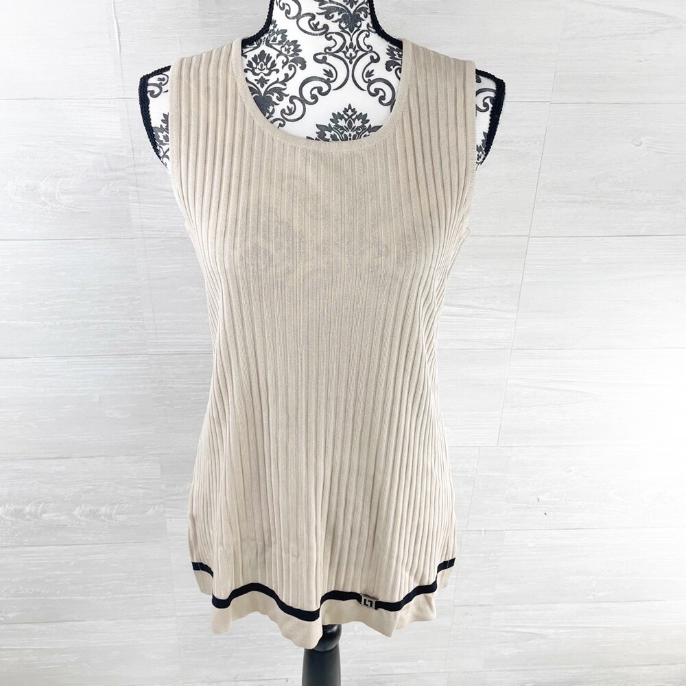 Exclusively Misook Ribbed Ribbon Hem Shell Tank Top Tan Black Medium